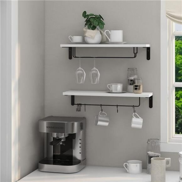 Coffee bar wall shelf set of 2 with hooks floating mug rack wine glass holder - Picture 4 of 7